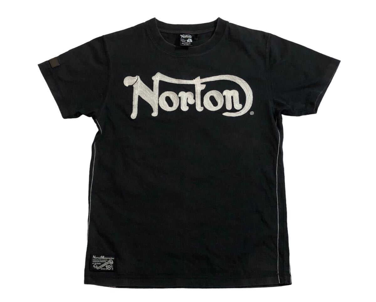 ■ Norton ノートン ■ バック ビッグ プリント フロント ロゴ チェーンステッチ 刺繍 半袖 Tシャツ ブラック Lの画像3