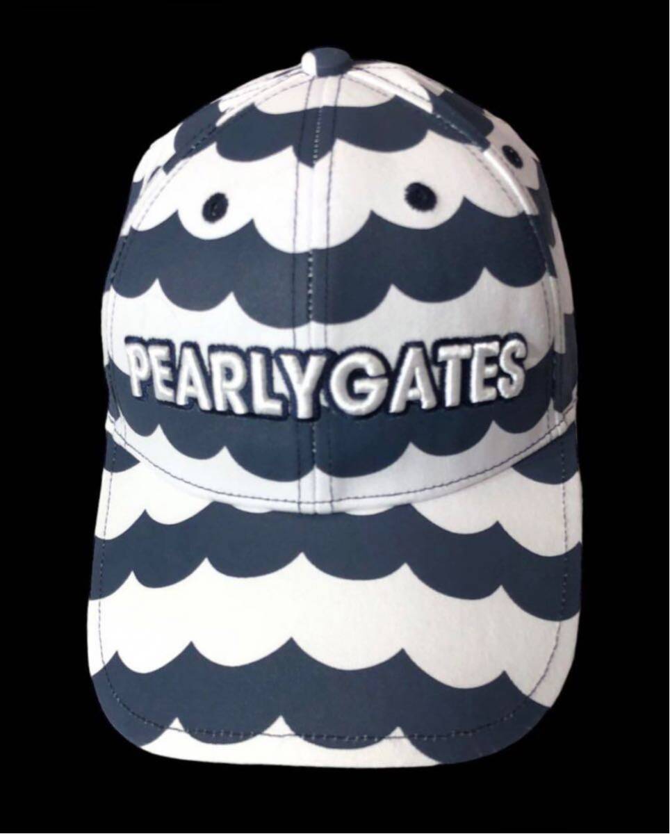 ■ PEARLY GATES パーリーゲイツ ■ ビッグ ロゴ 刺繍 ウェーブ ボーダー 柄 ゴルフ キャップ ホワイト×グレー FRの画像2