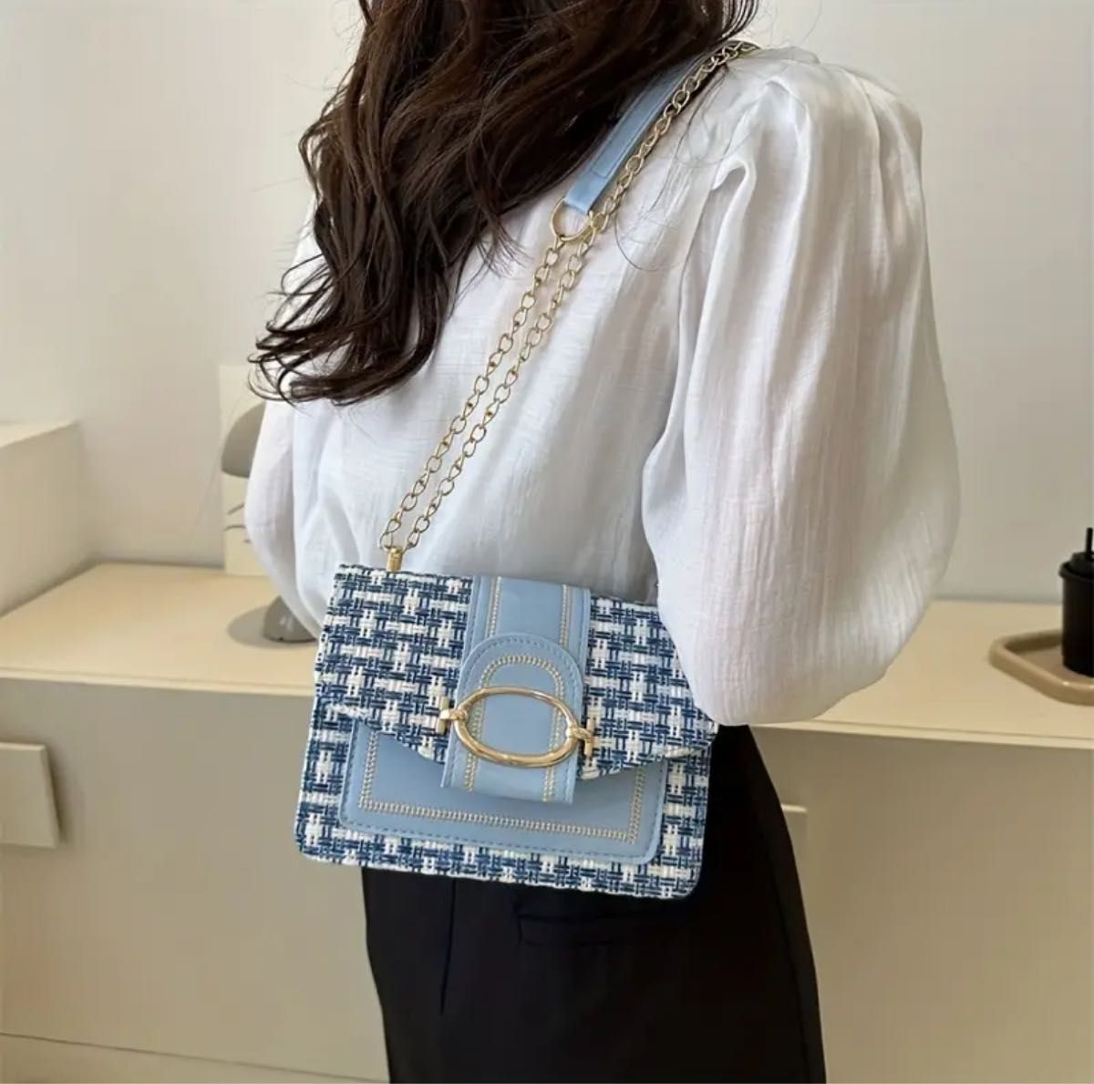 ファッションツイードクロスボディバッグ、女性用チェーンショルダーバッグ、レトロなチェック柄の正方形の財布