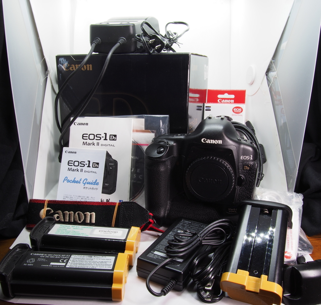 箱付き　取説、充電池、充電器、DCカプラー、ケーブル類等付属品あり　Canon EOS-1Ds MarkII　ショット数　77,621枚_画像1