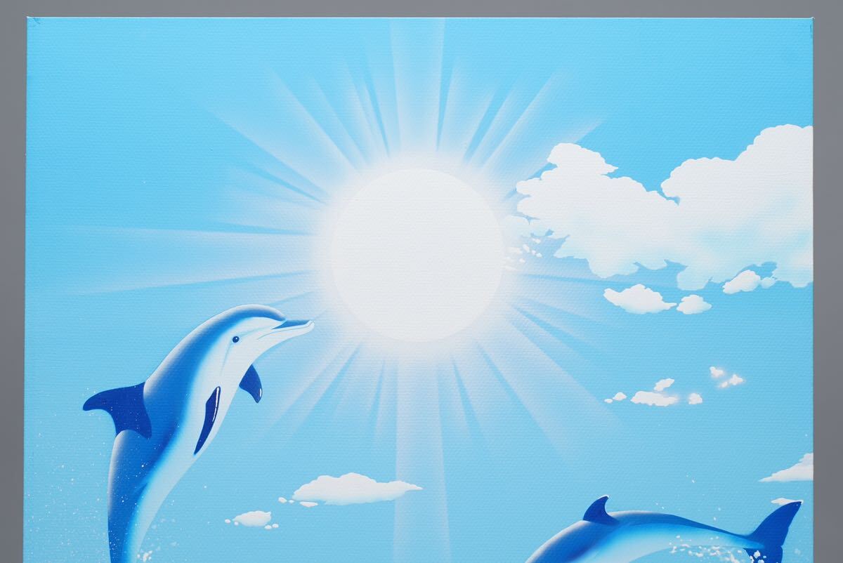 真作 天使河原紫翠「イルカ」油絵 F10号(45.5cmx53cm) サイン・裏書・ハガキあり 状態良好！マーリンアートの画像4