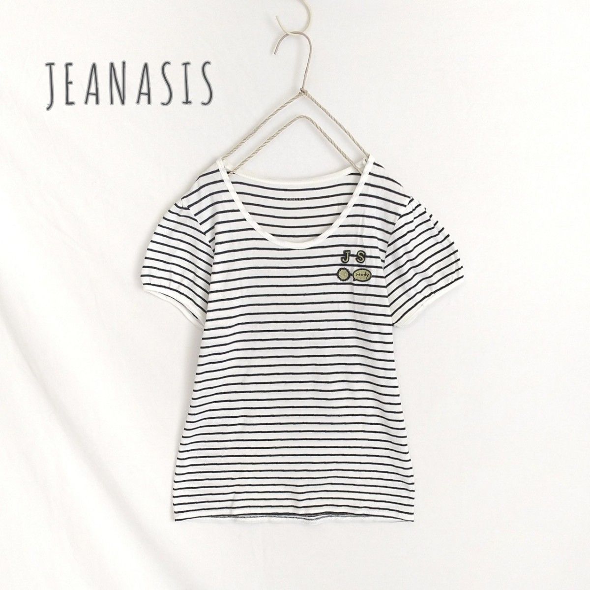 【 JEANASIS 】ロゴワッペンTシャツ 綿100% 半袖Tシャツ パフスリーブ ボーダーTシャツ