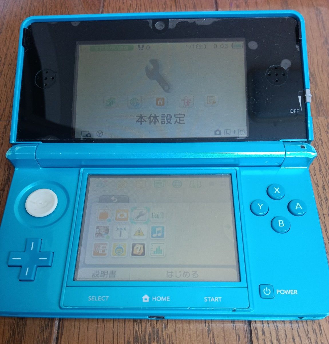 ニンテンドー3DS ライトブルー ジャンク Aボタン使用不可 電源に不具合あり かなり使用感有り 本体のみ ダウンロードソフト