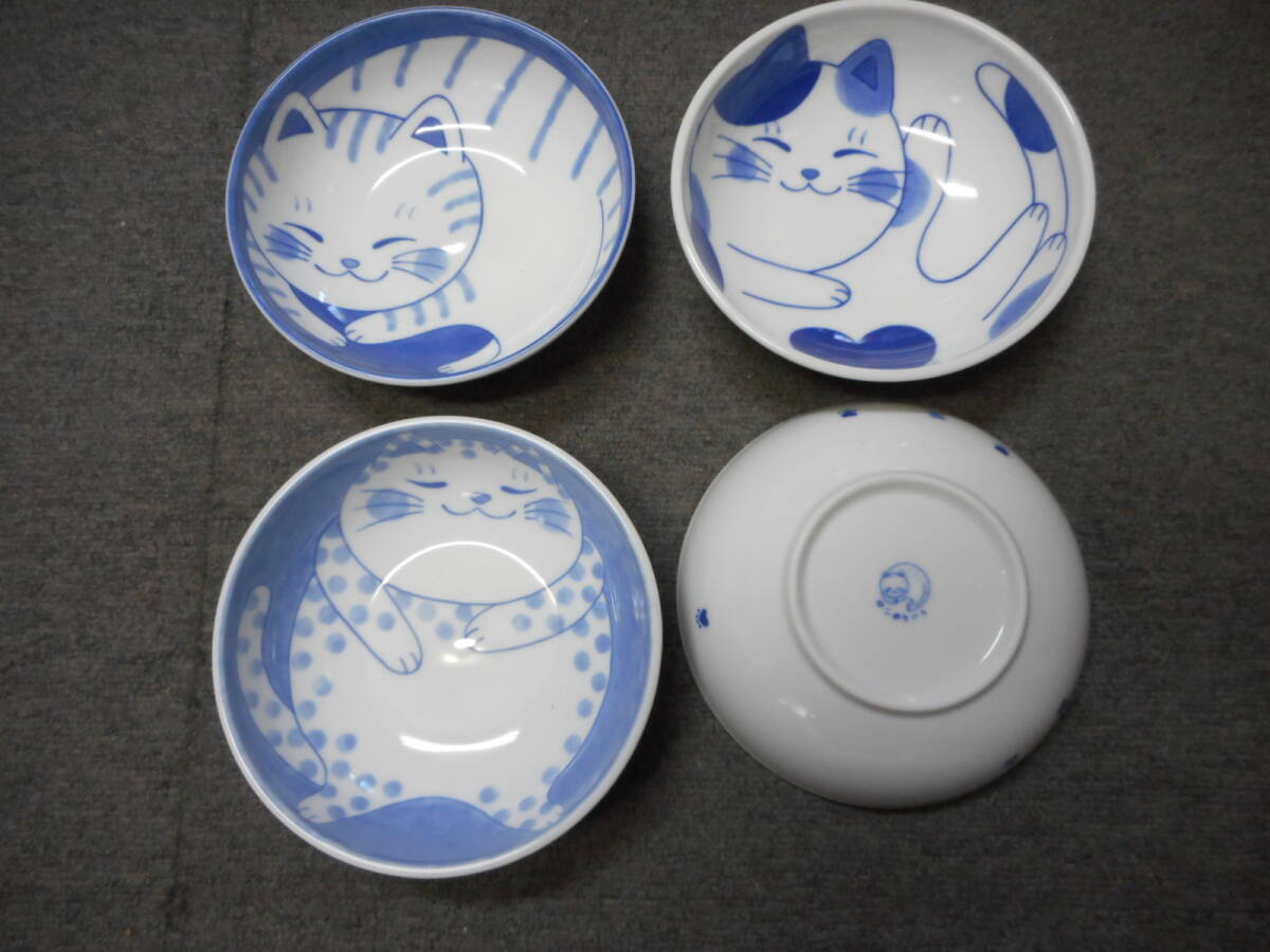NEW藍染ねこちぐら軽量煮物鉢４柄セット　日本製　美濃焼　新品未使用　陶磁器製_画像4