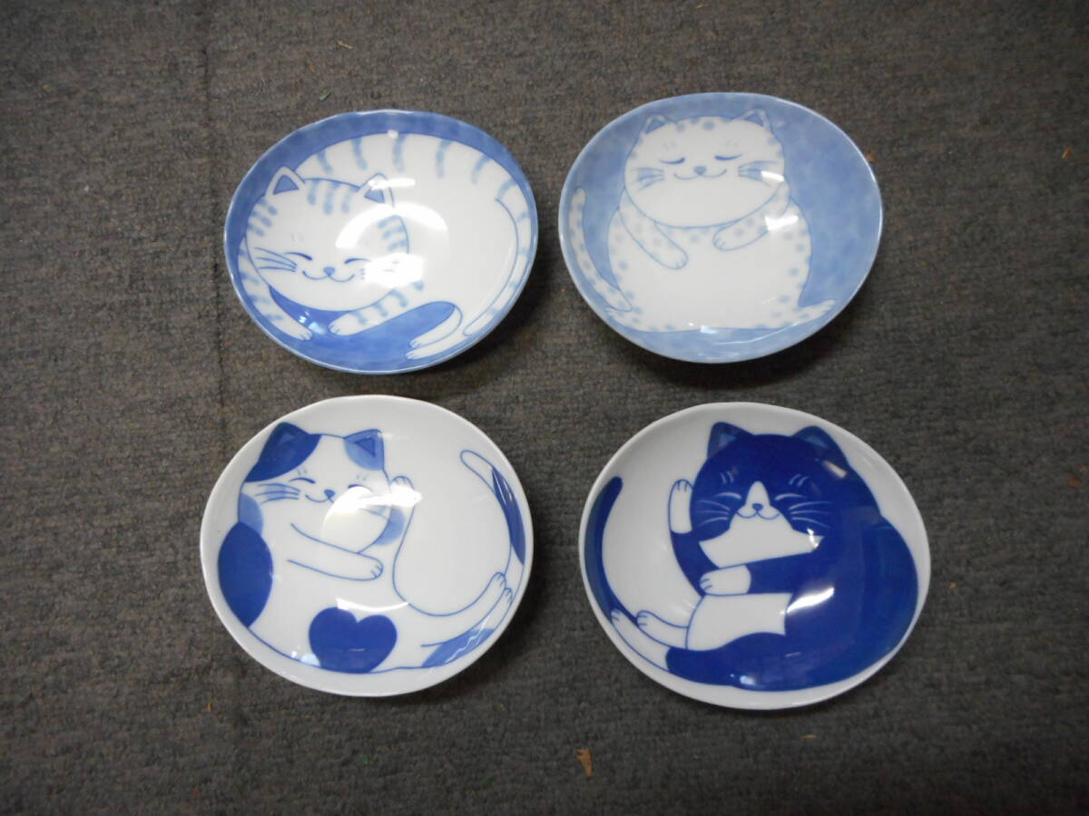 NEW藍染ねこちぐら1１㎝楕円深皿４柄セット　日本製　美濃焼　新品未使用　陶磁器製_画像1