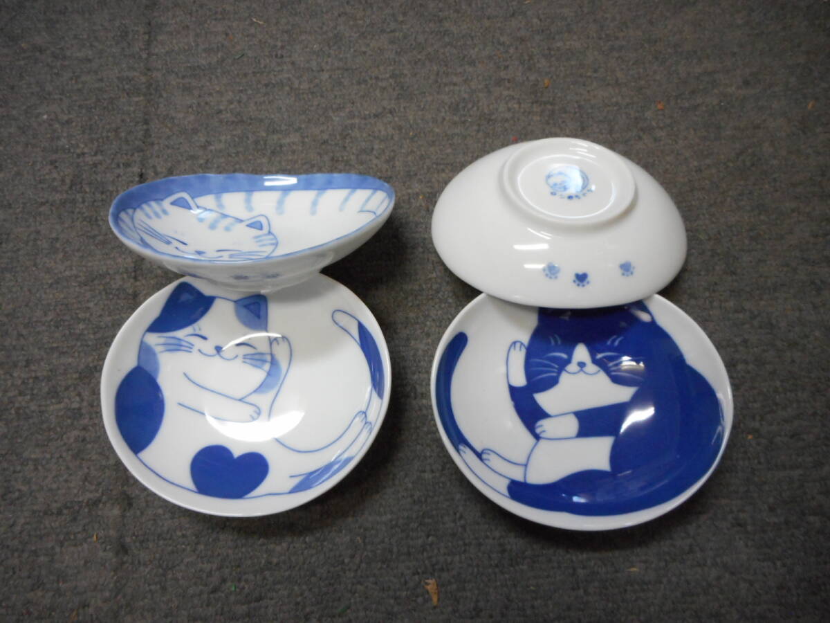 NEW藍染ねこちぐら1１㎝楕円深皿４柄セット　日本製　美濃焼　新品未使用　陶磁器製_画像3