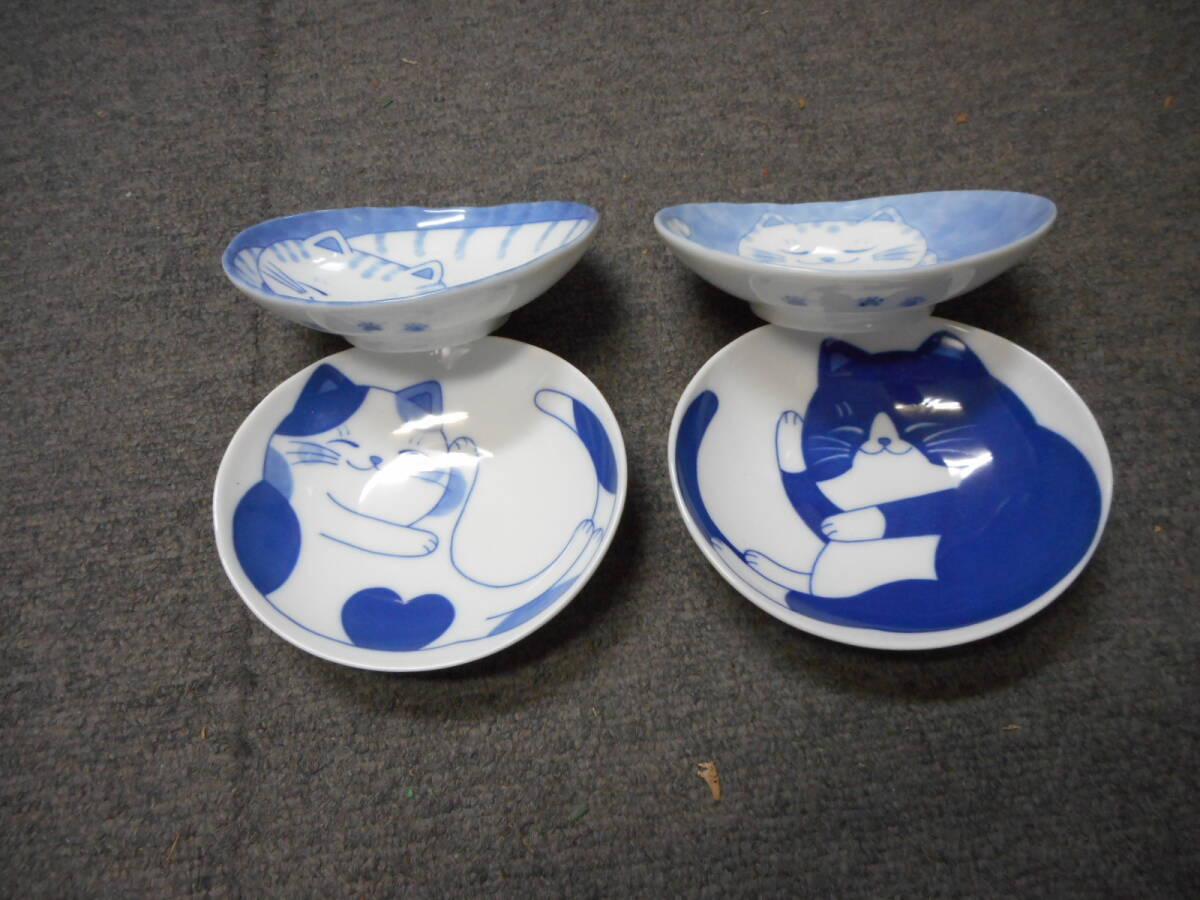 NEW藍染ねこちぐら1１㎝楕円深皿４柄セット　日本製　美濃焼　新品未使用　陶磁器製_画像4