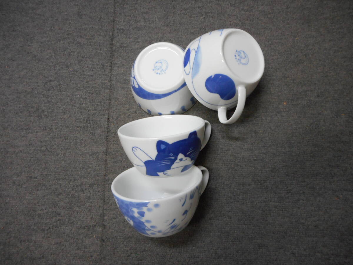 NEW藍染ねこちぐら軽量スープカップ４柄セット　日本製　美濃焼　新品未使用　陶磁器製_画像4