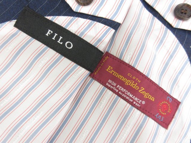 極美品 【フィーロ FILO】ゼニア生地 ウール シングル2ボタン オーダースーツ (メンズ) size52~54相当 ネイビー系 ストライプ ■27RMS8353_画像8