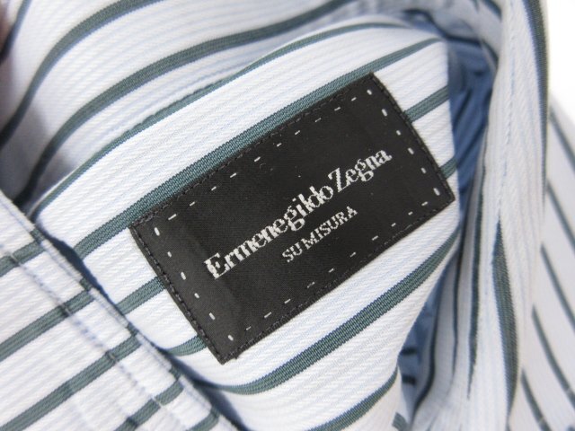 超美品 【エルメネジルドゼニア Ermenegildo Zegna】ス・ミズーラ ワイドカラー ストライプ柄 長袖シャツ (メンズ) M 青×緑 ■31MK3057■_画像8