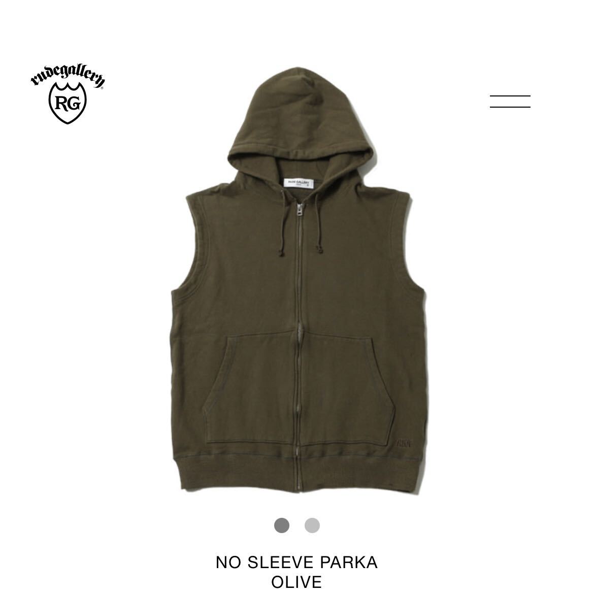 RUDE GALLERY★ルードギャラリー★ノースリーブパーカー★4(L)★NO SLEEVE PARKA★ジップアップパーカー★オリーブ★OLIVE_画像1