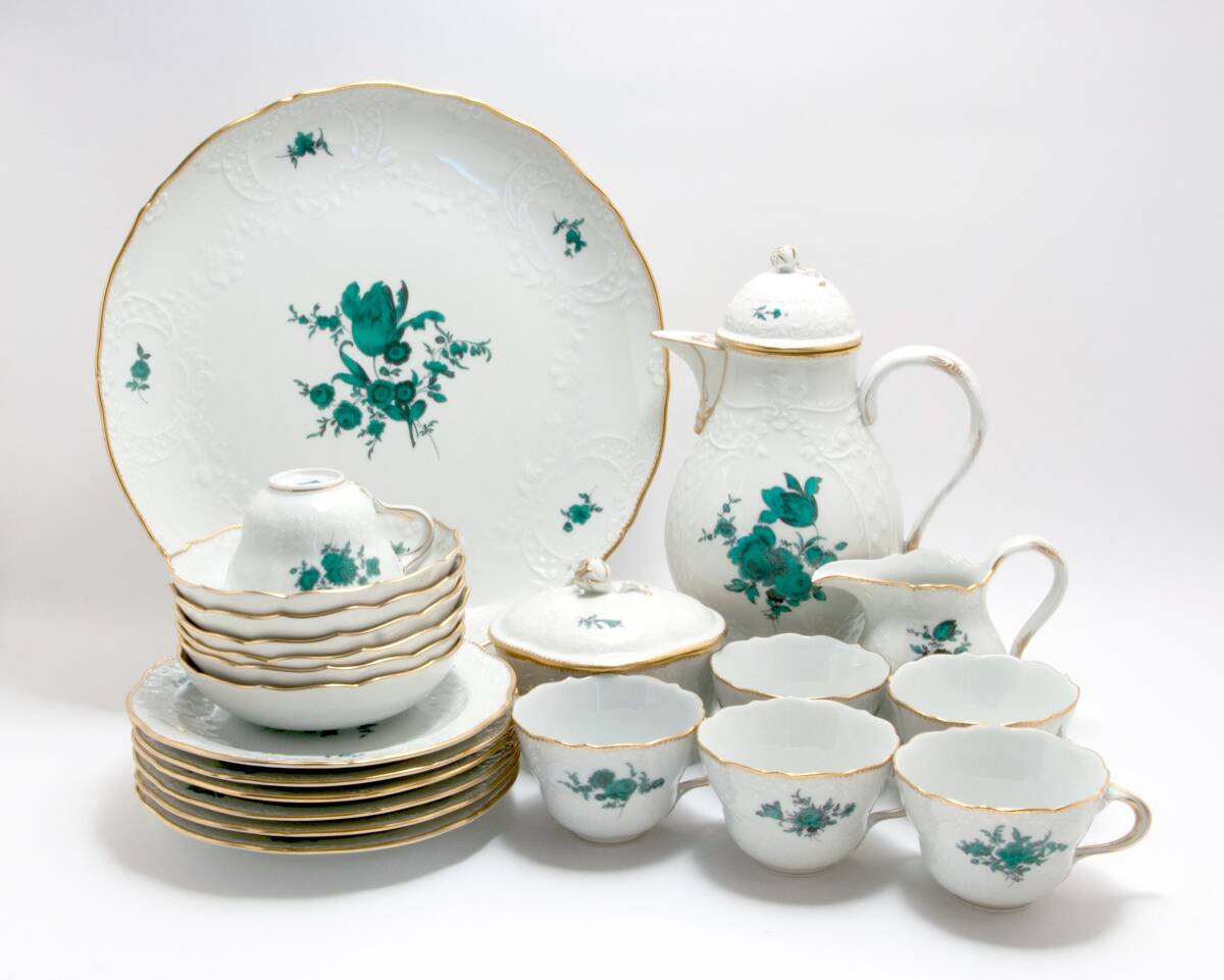 マイセン 金彩 花のブーケ文 ワトーグリーン ノイマルセイユレリーフ コーヒーサービスセット(2〜6人用)※2人用からでも購入可能です。