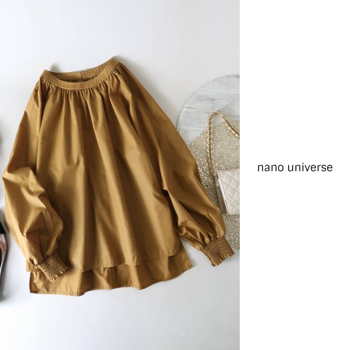 ナノ ユニバース nano universe☆洗える コットンブレンド 袖口ゴムシャーリングブラウス フリーサイズ☆M-S 1486の画像1
