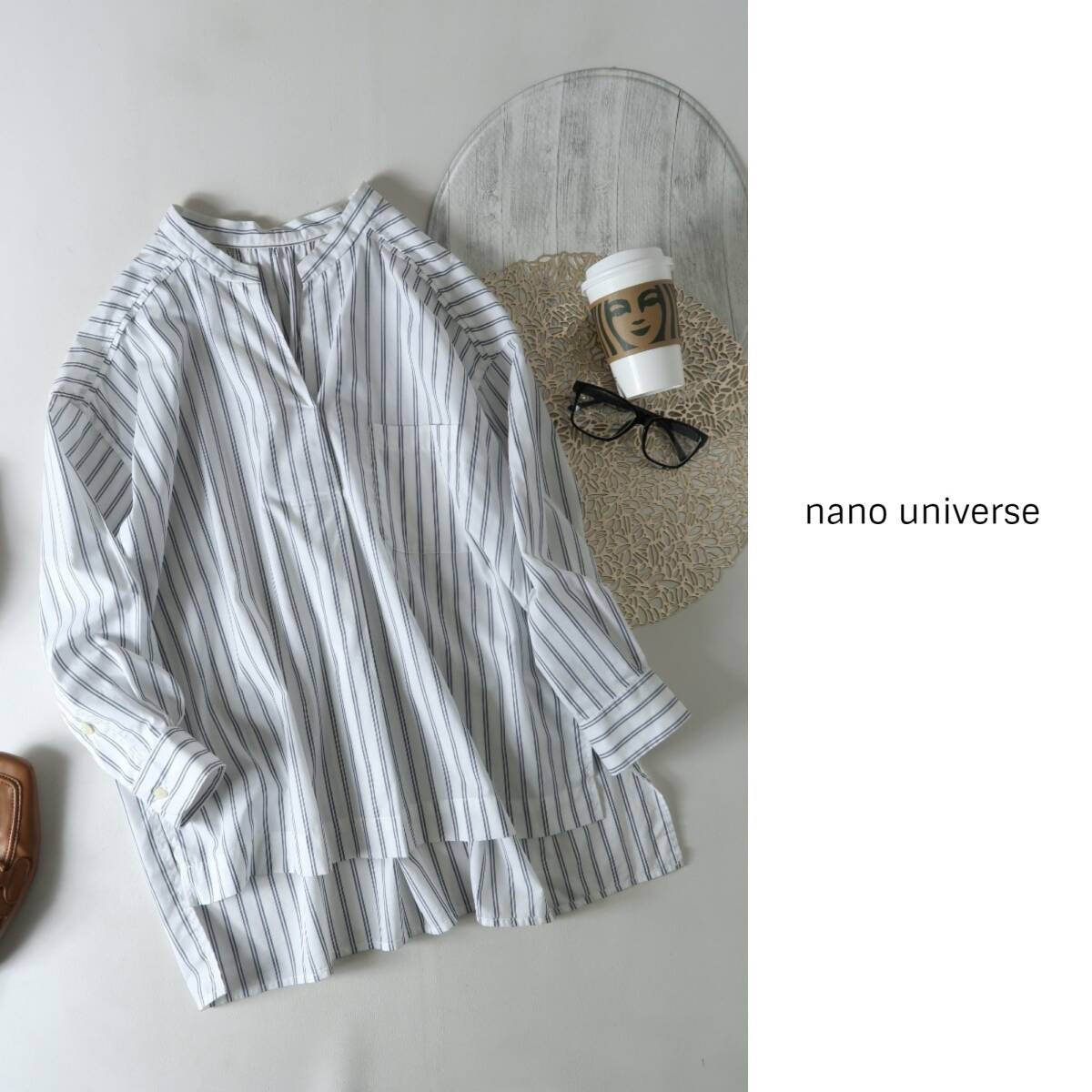 1万☆ナノ ユニバース nano universe☆洗える 綿100% 衿抜けワイドスタンドカラーシャツ 36サイズ☆M-S 1560の画像1