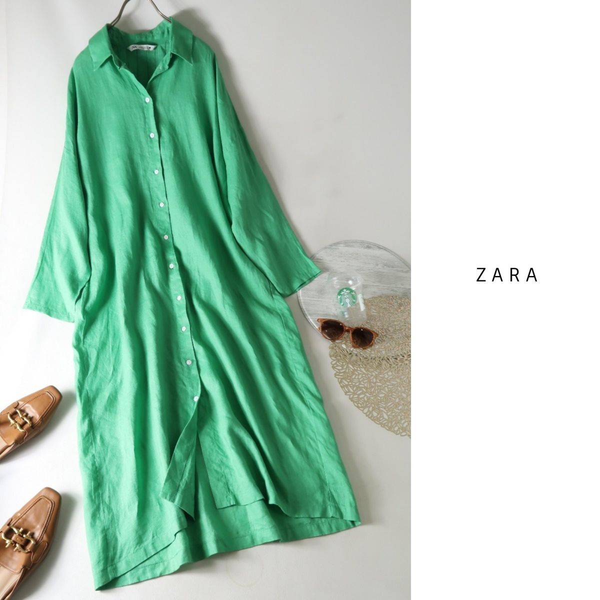 ザラ ZARA☆リネン100% 洗える ビッグシャツワンピース XSサイズ☆E-M 1679の画像1