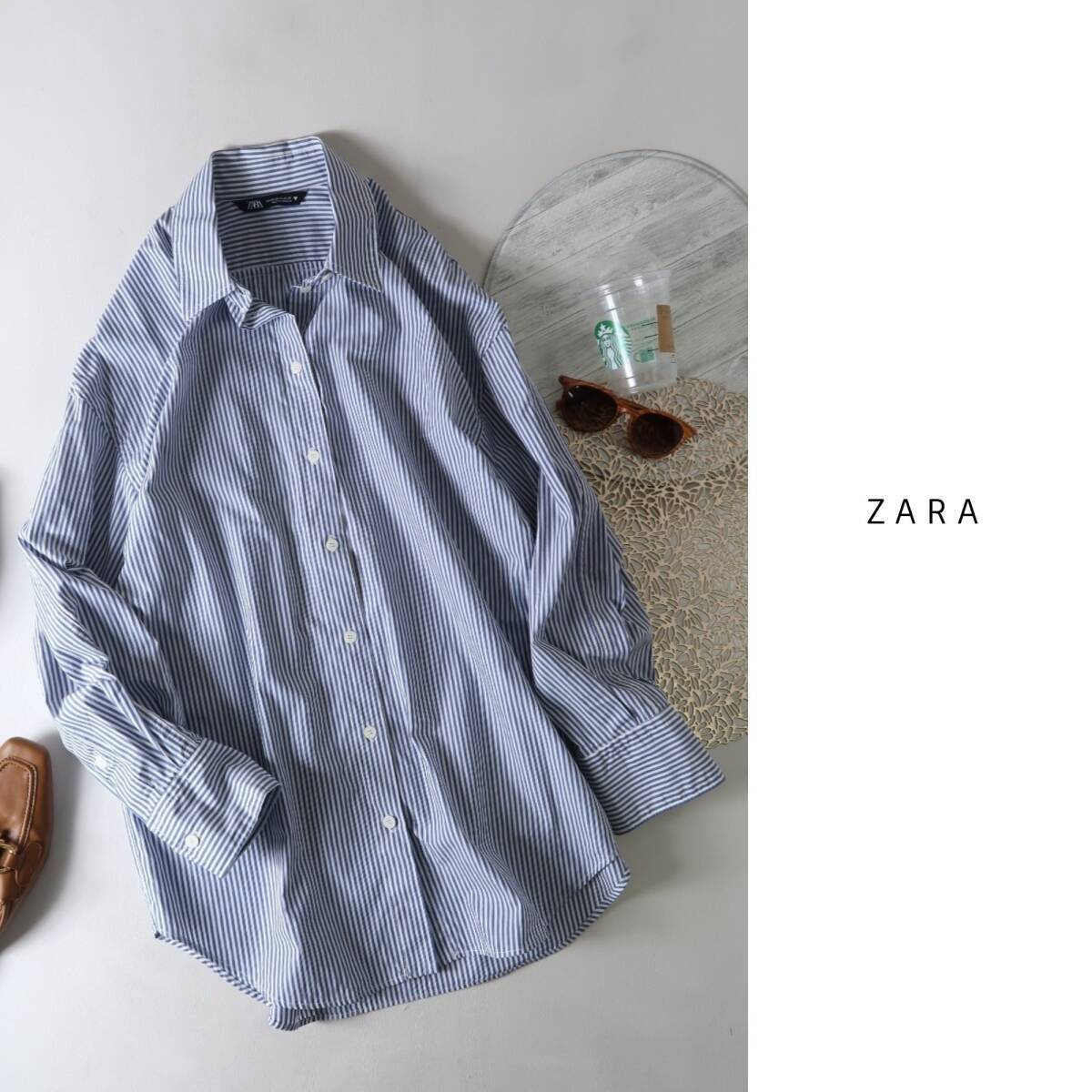 ザラ ZARA☆洗える 綿100％ ストライプ柄 オーバーサイズ シャツ XSサイズ☆A-O 1647の画像1