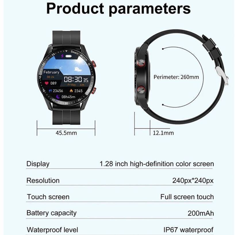 【1円〜初期サポ】 スマートウォッチ Bluetooth通話 高画質 ECG PPG 心電図 スポーツ カロリー 心拍 血圧 歩数 睡眠 健康管理 ラバー BW_画像9