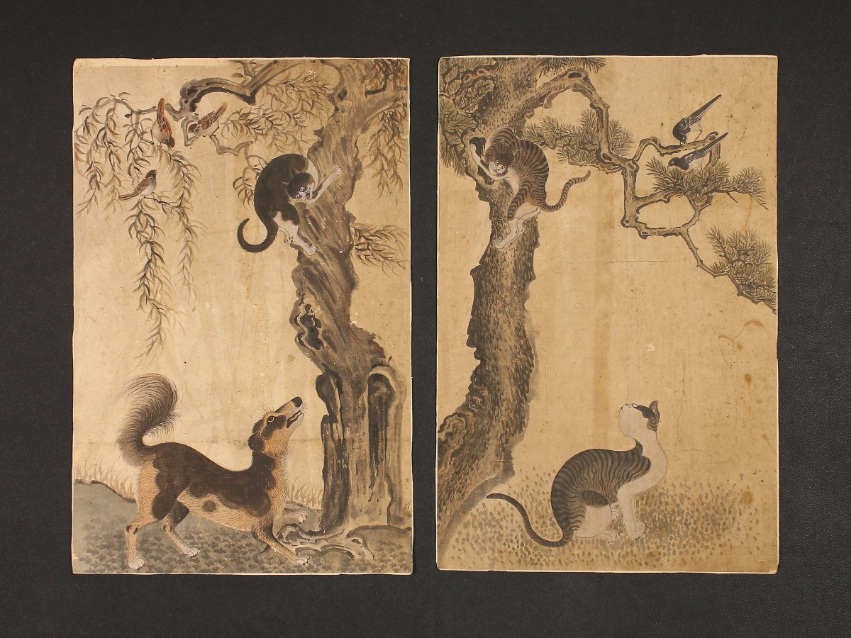 【伝来】朝鮮特集 sh8878 猫鳥・犬猫図 卞相璧写し 2枚組マクリ 鳥獣画家 李朝 韓国の画像1