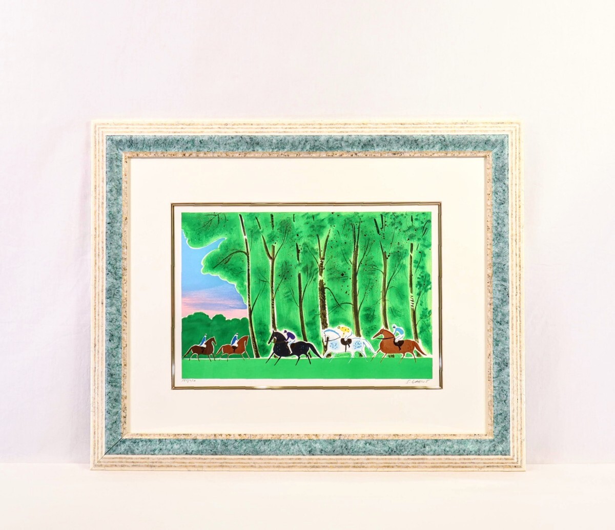 真作 セルジュ・ラシス リトグラフ「夏の乗馬」画寸 40.5cm×27cm 仏人作家 デュフィに影響 形や色を単純化し耽美主義を追求 8871_画像1