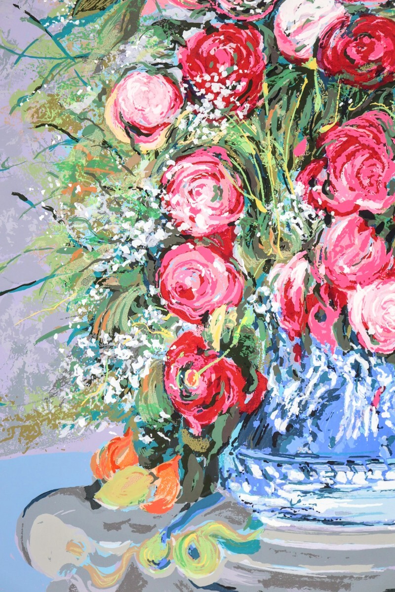 真作 モニーク・ジュルノー シルクスクリーン「Red Roses」画 40×49cm 仏人女流作家 生きる喜びの詰まった幸福の束 エレガントな色彩 8793の画像4