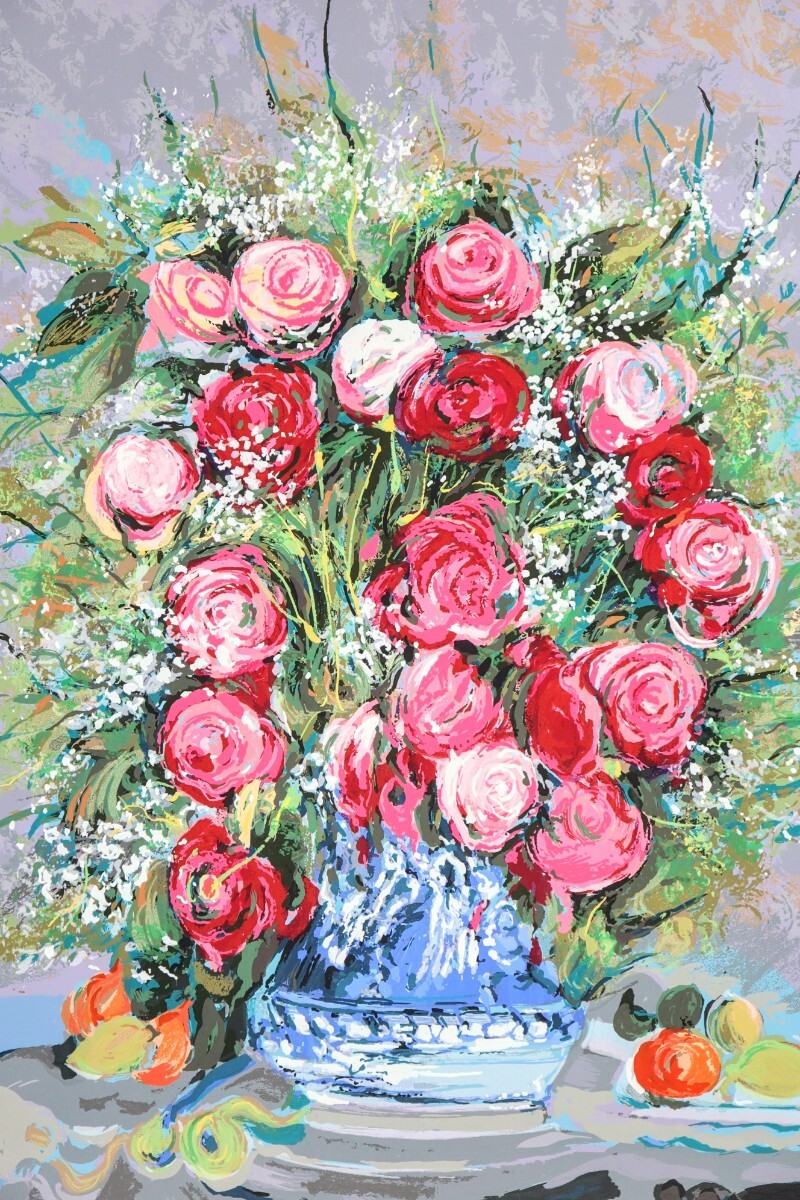 真作 モニーク・ジュルノー シルクスクリーン「Red Roses」画 40×49cm 仏人女流作家 生きる喜びの詰まった幸福の束 エレガントな色彩 8793の画像3