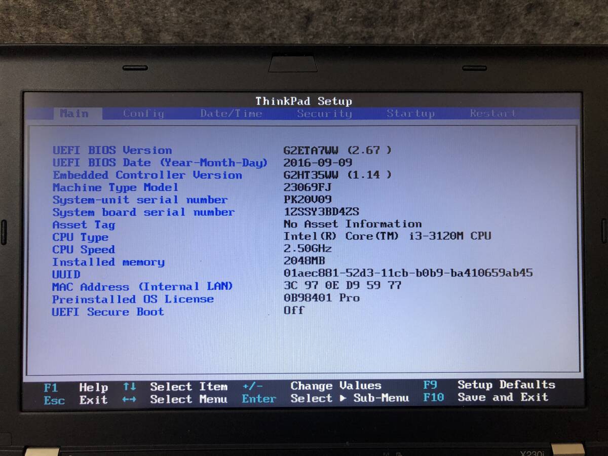 【ジャンク】Lenovo ThinkPad X230i(2306-9FJ) AC・キーボード等なし V09の画像2