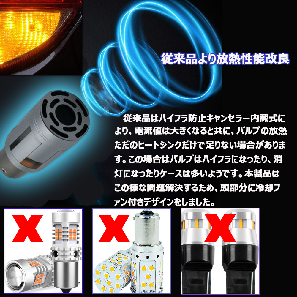 LEDウインカー 冷却ファン付仕様 T20/S25シングル アンバー ハイフラ防止抵抗内蔵 50W 3000ルーメン キャンセラー内蔵 ハイブリッド車 2本の画像4