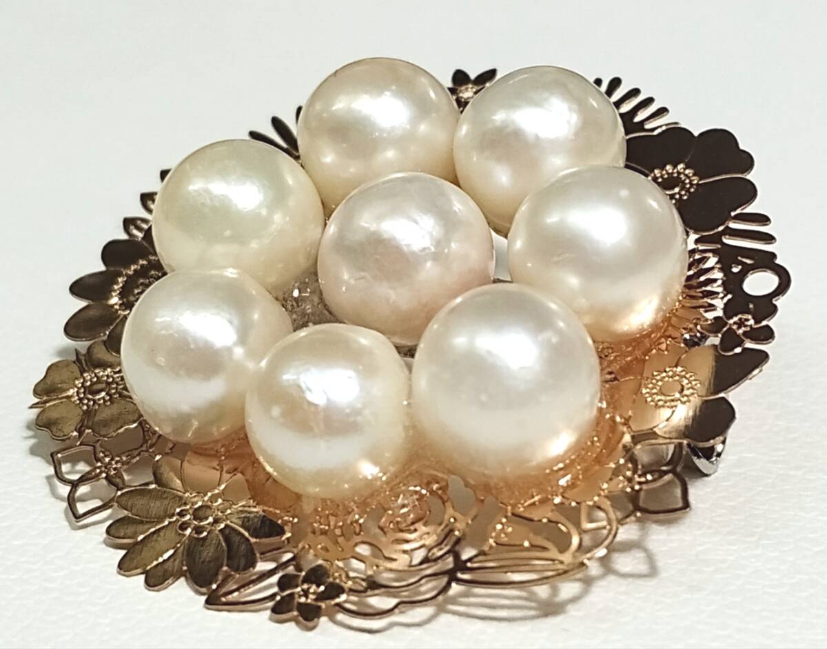 ◆照り艶綺麗 アコヤ あこや 本真珠 約6.5-7mm珠 繊細な透かし模様 フラワーサークルブローチ リング リース ドーナツ Y81の画像5