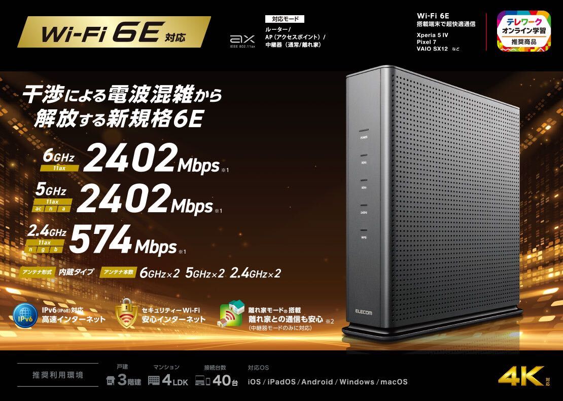 エレコム ELECOM WRC-XE5400GS-G wifi6e 6E Wi-Fi ギガビットルーター グレー 11ax AP 中継器の画像1