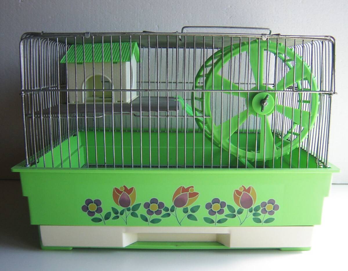  cage breeding basket Showa Retro set yellow green goods small animals light green pop pattern squirrel period thing Vintage floral print rare that time thing hamster 