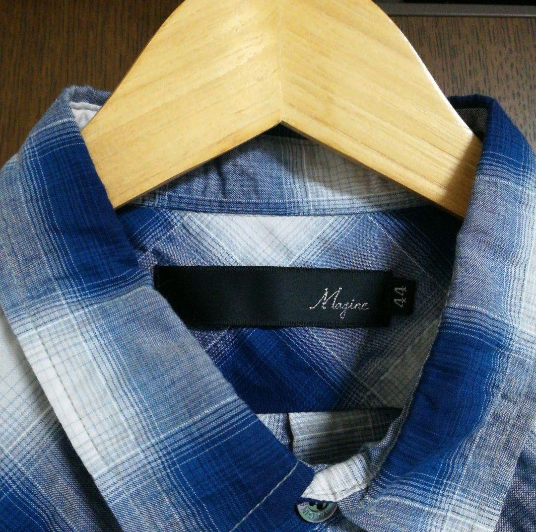 magine マージン  ダブルポケット オンブレチェック 半袖 ネイビー 44 Sサイズ 日本製 メイドインジャパン