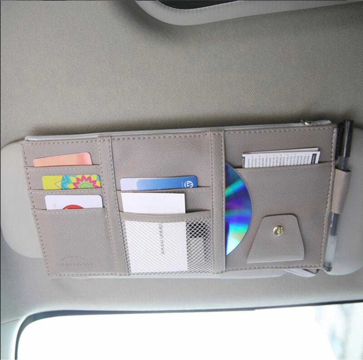車収納ポケット サンバイザー　おしゃれ　小物入れ　カード収納　PUレザー　高品質　グレー