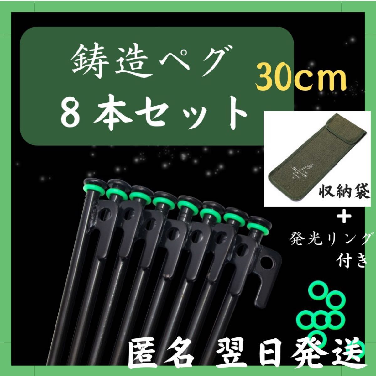 鋳造ペグ　30cm 8本　収納袋 蓄光リング付　スチール　テント　タープ　ペグ　キャンプ　丈夫　強い