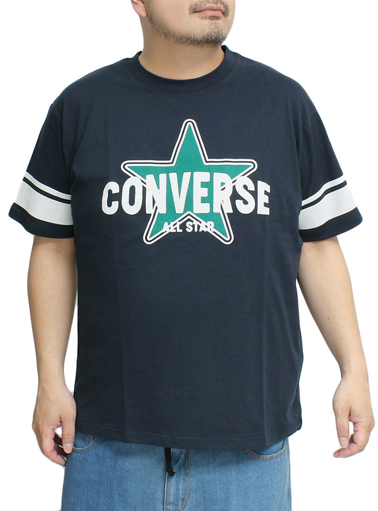 【新品】 3L ネイビー コンバース(CONVERSE) 半袖 Tシャツ メンズ 大きいサイズ 袖ライン ロゴ プリント クルーネック カットソー_画像1