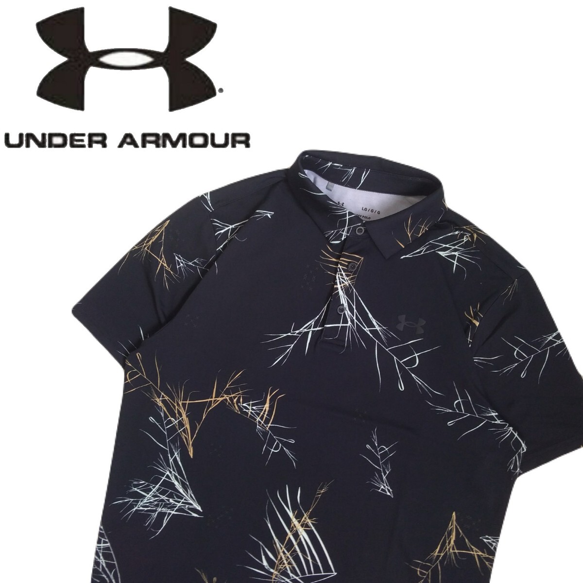 未使用級 近年新作 UNDER ARMOUR 吸水速乾 ストレッチ UVカット 冷感 総柄 半袖ポロシャツ メンズL アンダーアーマー ゴルフウェア 240484_画像1