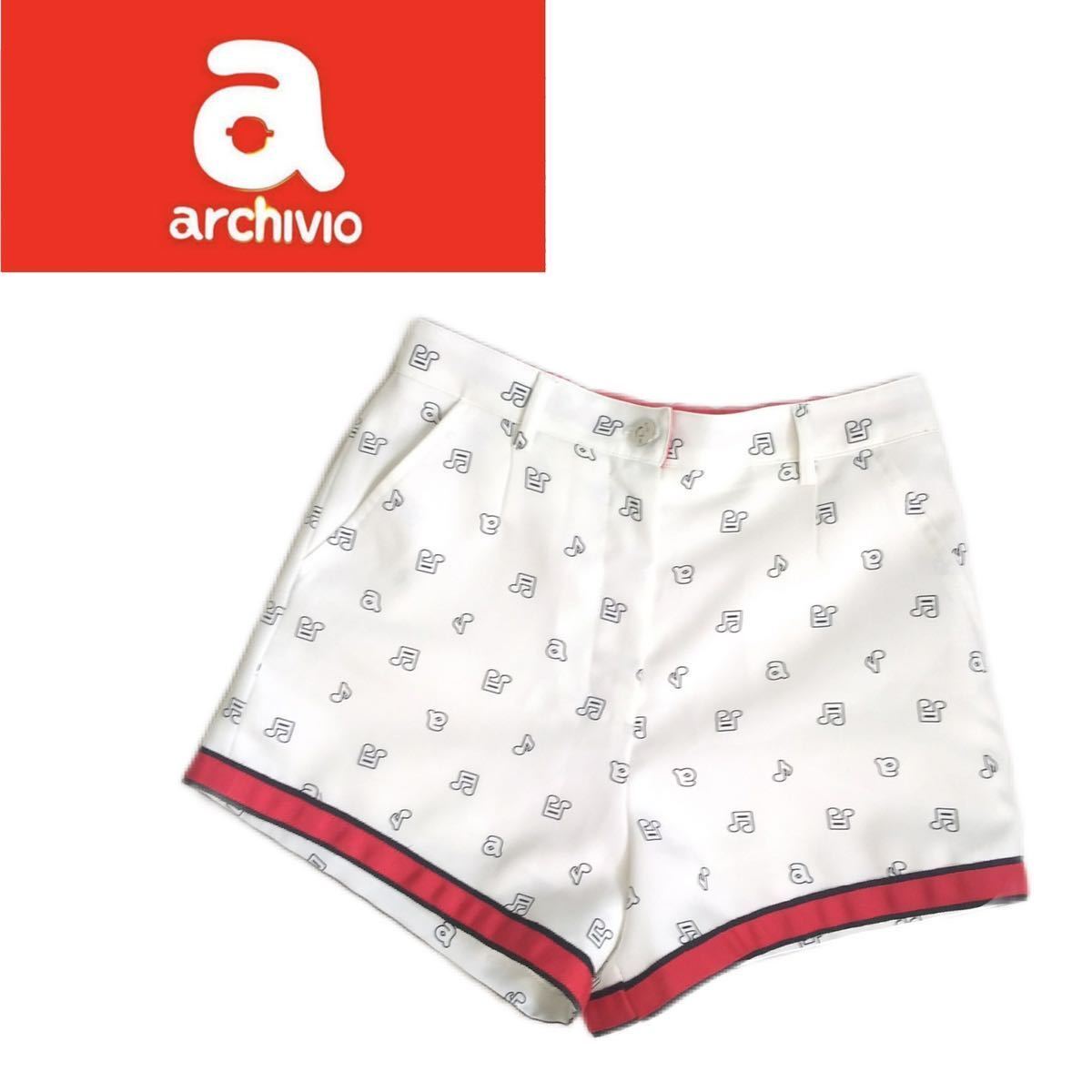 新品同様 最高級 archivio ロゴ 音符 総柄 ストレッチ ゴルフパンツ ショートパンツ レディース36 アルチビオ ゴルフウェア 白 2309101_画像1