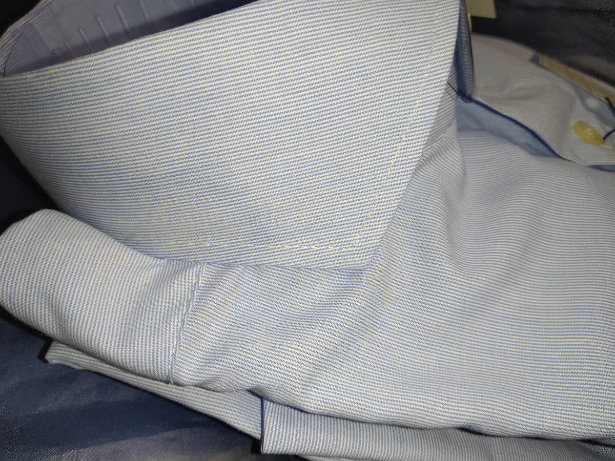 訳あり、L寸・新品／日本製・シャンブレー・ホリゾンタルカラーシャツ◆ブルーの画像6