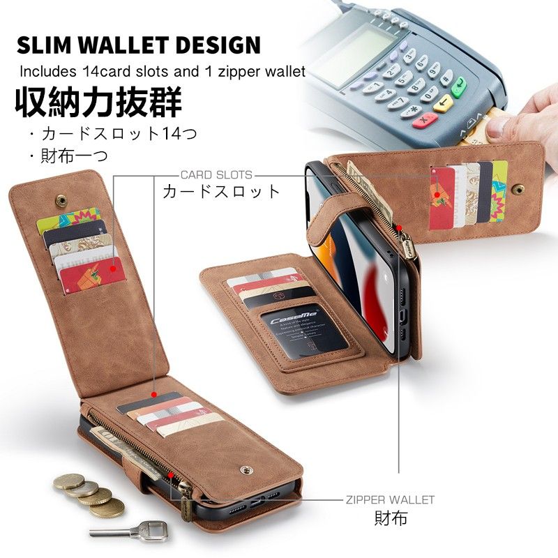 【即日発送】iPhone 13 Pro Max ケース 分離手帳財布型 ブラウン 財布 カード収納 レザーケース