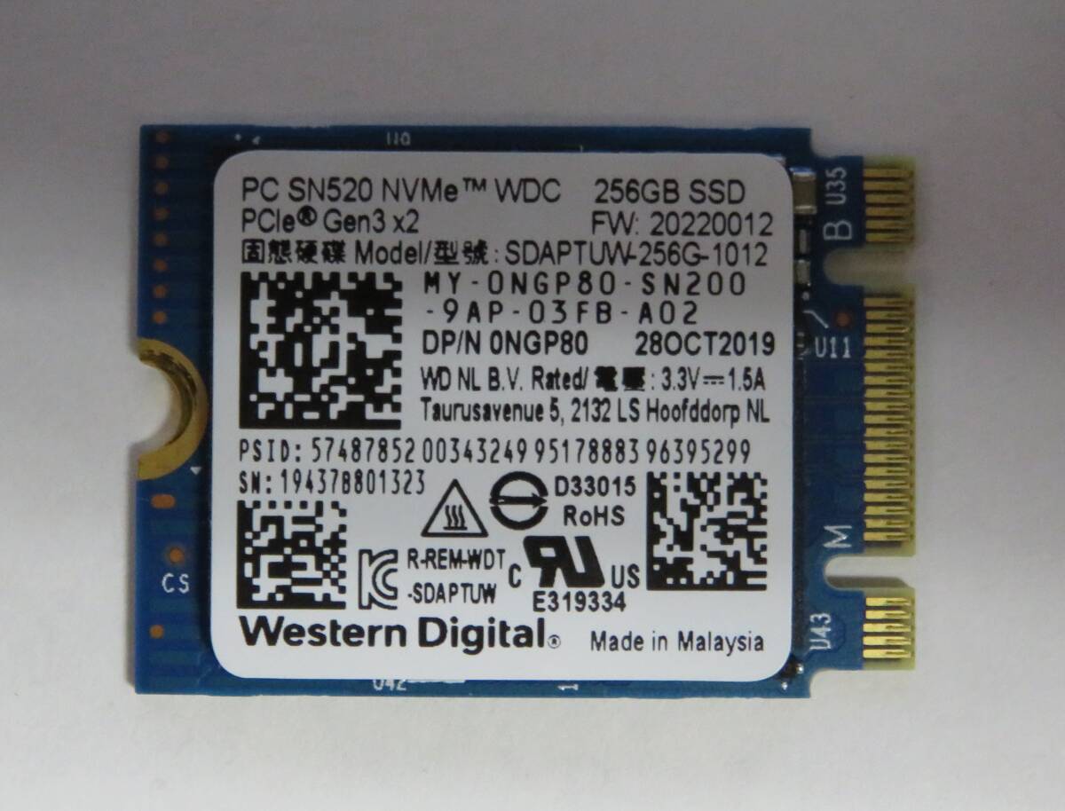 ◎中古 WD SSD SN520 NVMe 256GB PCle Gen3×2 SDAPTUW-256G-1012 使用時間:16時間 電源投入回数:24回の画像1