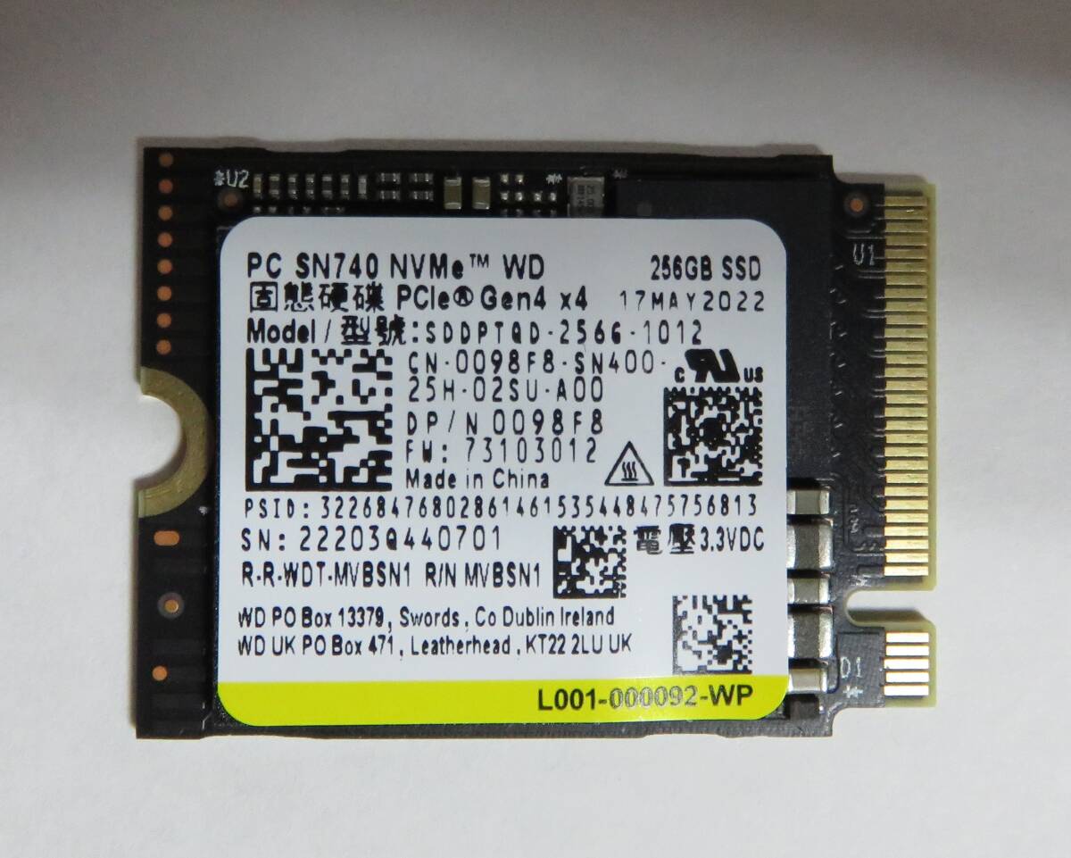 ◎中古 WD 256GB SSD SN740 NVMe PCle Gen4×4 SDDPTQD-256G-1012 使用時間:1時間 電源投入回数:27回の画像1