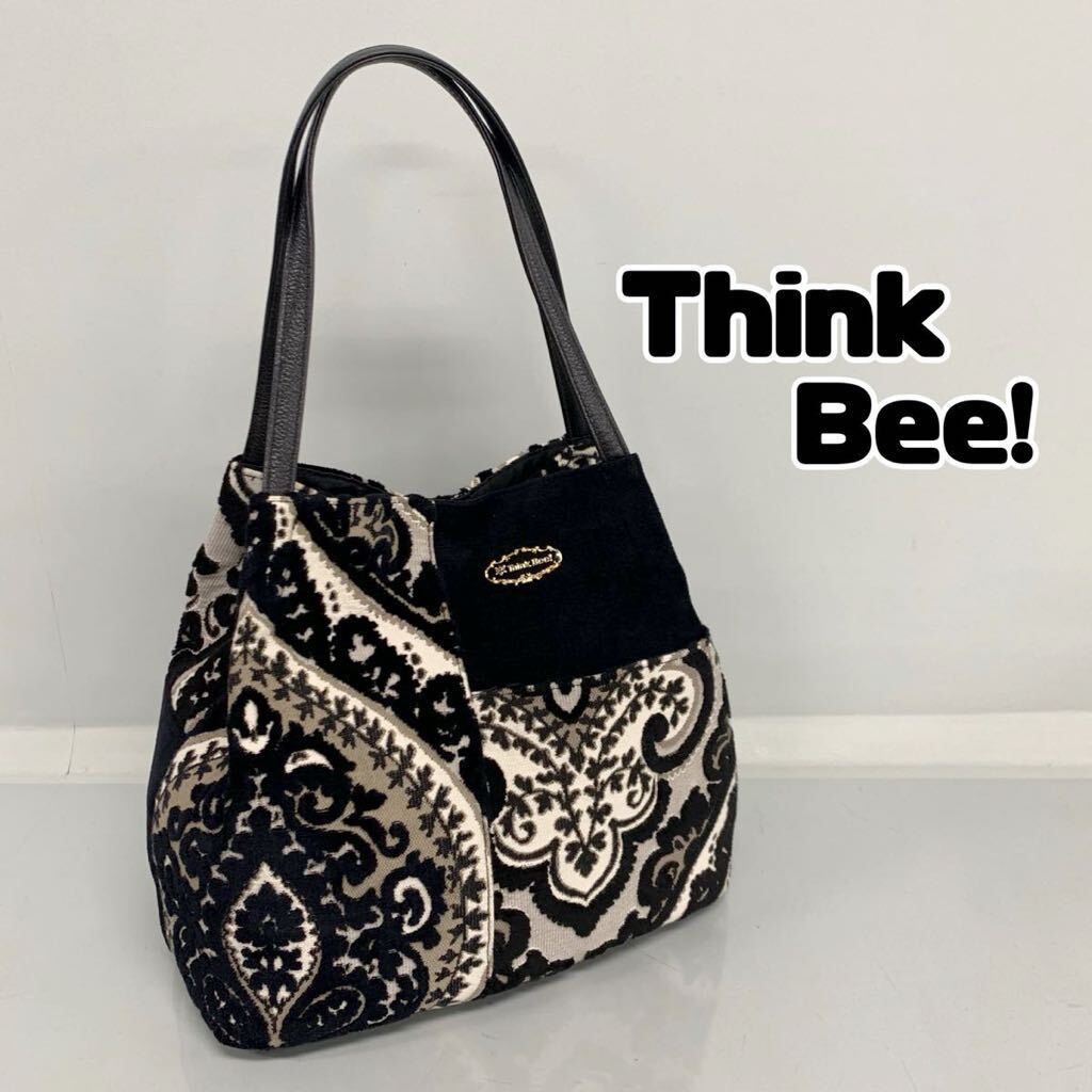 Y■① Think Bee ! シンクビー ボヘミアン ハンドバッグ ブラック 黒 ボタニカル柄 ベロア 台形 バッグ トートバッグ 肩掛け レディース の画像1