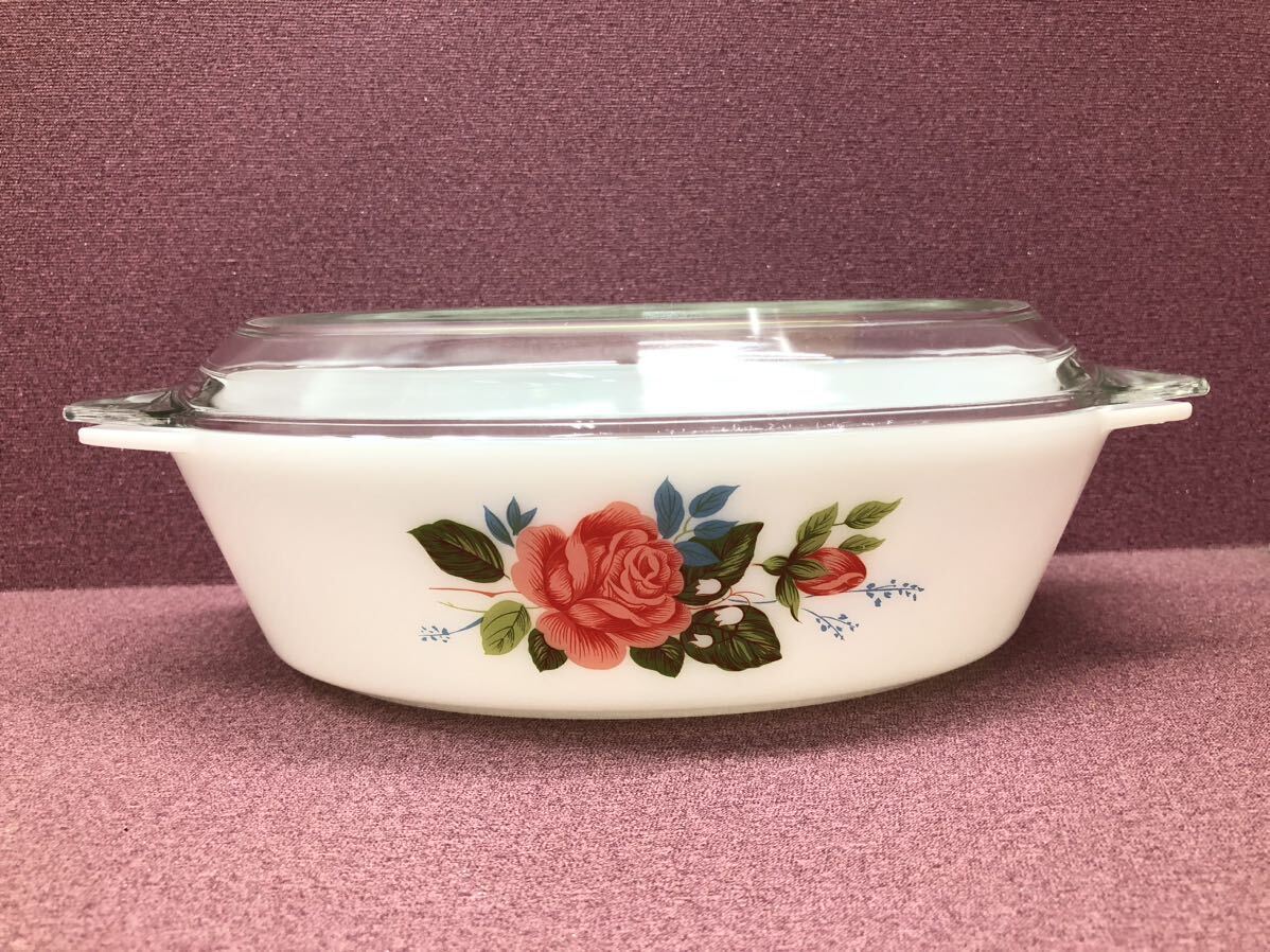 H■ JAJ Old Pyrex オールドパイレックス キャセロール コテージローズ ミルクガラス 薔薇 バラ 耐熱ガラス 厚手鍋 オーバル 調理器具 の画像2