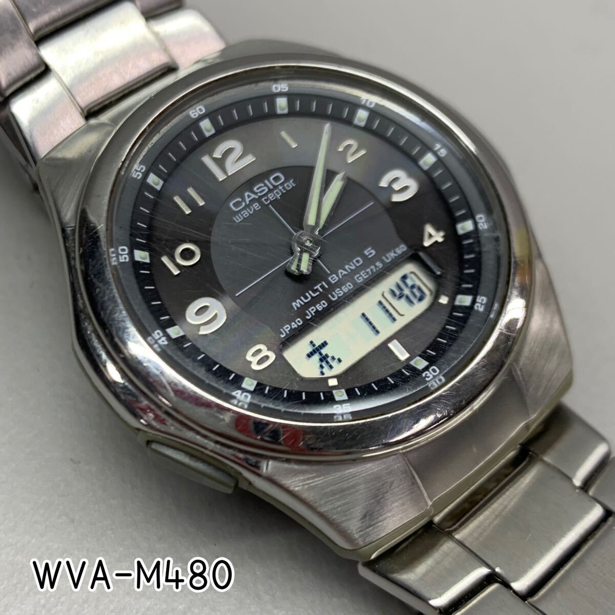 Y■ CASIO カシオ メンズ 腕時計 WVA-M480 黒文字盤 WAVE CEPTOR ウェーブセプター 電波ソーラー アナデジ カレンダー 時計 稼働品 の画像1
