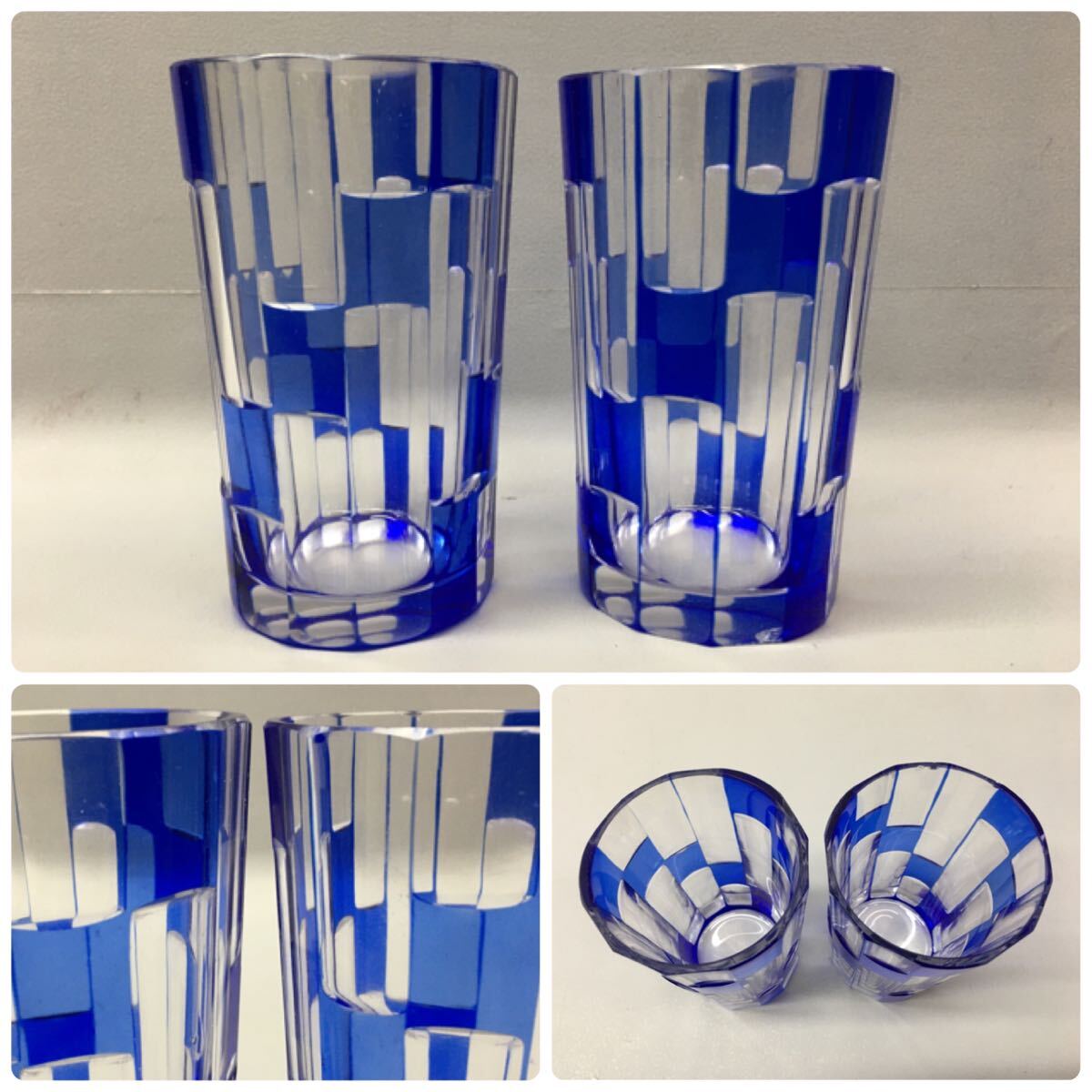 ◆色被せ切子 まとめて 12点 セット 青 ブルー ガラス製 花瓶 グラス ショットグラス 灰皿 食器 雑貨 切子 カットガラス 工芸品の画像3