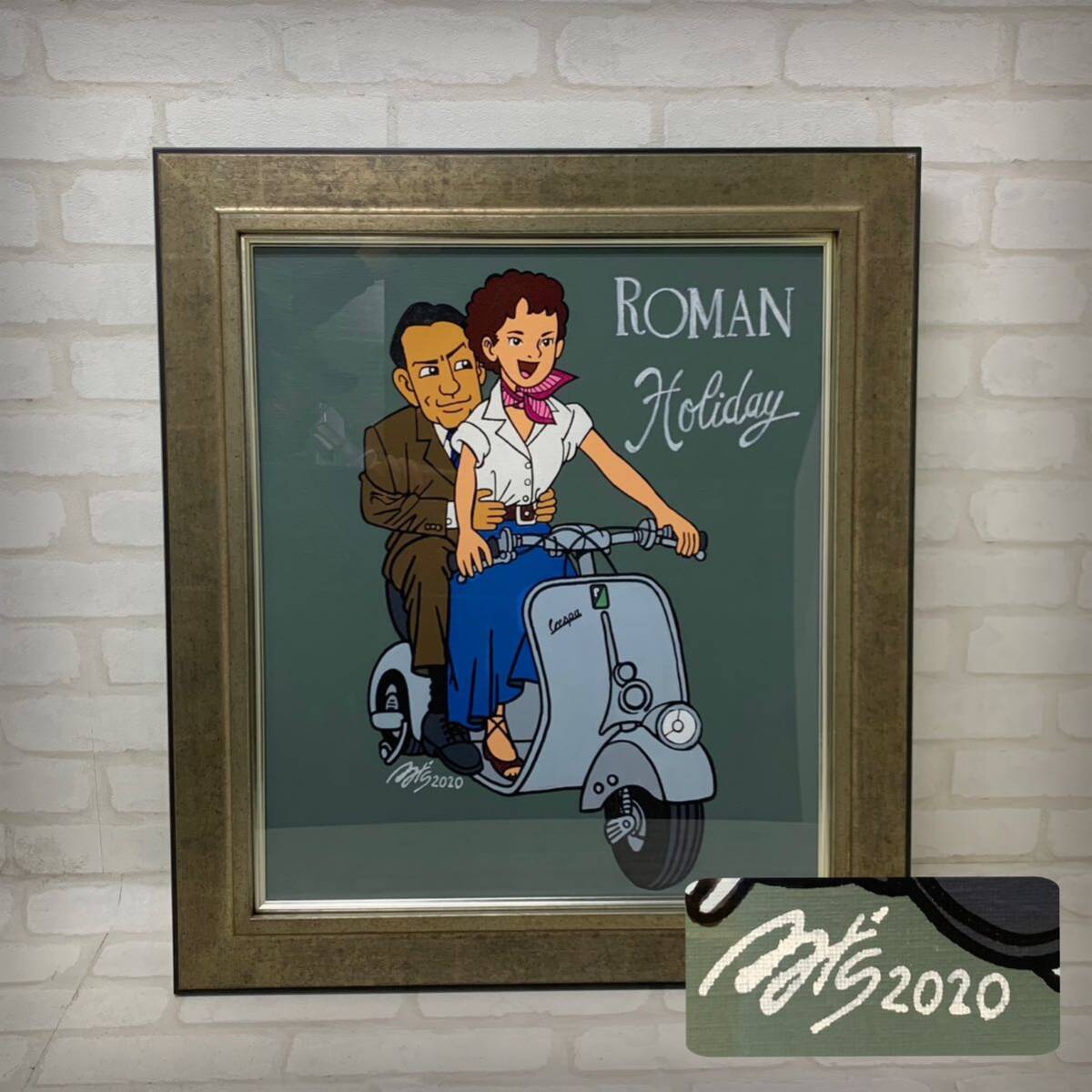 Y■ 作者不明 ROMAN Holiday ローマの休日 額装 イラスト 絵画 外寸縦66.7×横59.4㎝ アート 芸術 油絵 ？ 人物画 映画 インテリア の画像1