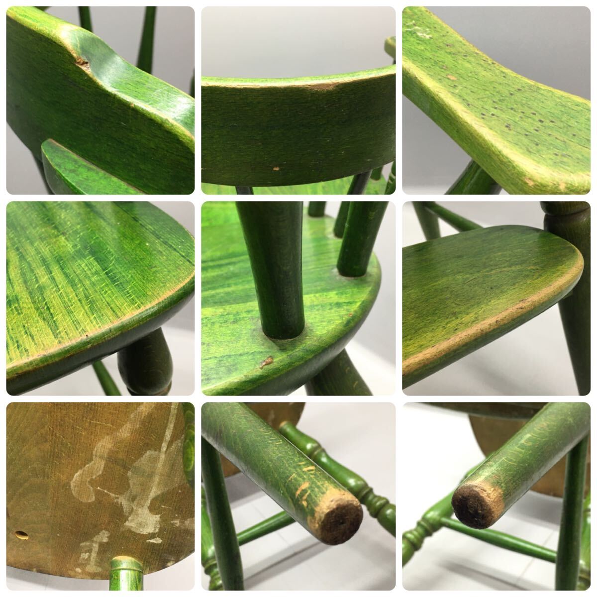 SU■ 飛騨産業 キツツキ ベビーアームチェア 木製 緑 グリーン 子供椅子 ハイチェア ウィンザーチェア ベビーチェア レトロ アンティーク