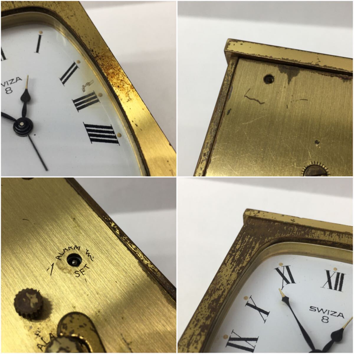 SU■ジャンク■ SWIZA 8 スウィザ 置き時計 ゴールドカラー ゼンマイ式 スイス製 置時計 時計 クォーツ アンティーク コレクションの画像10