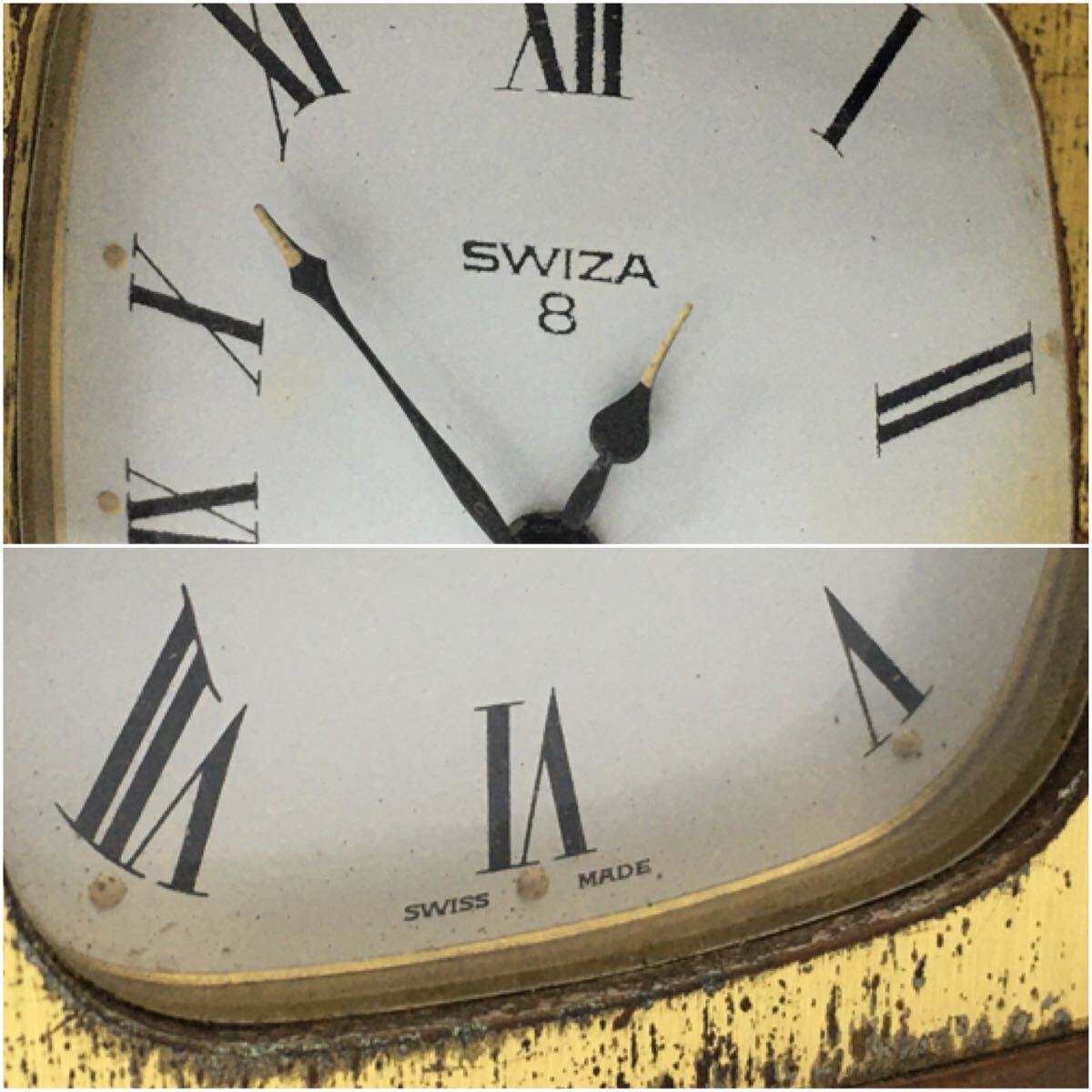 SU■ジャンク■ SWIZA 8 スウィザ 置き時計 ゴールドカラー ゼンマイ式 スイス製 置時計 時計 クォーツ アンティーク コレクションの画像9