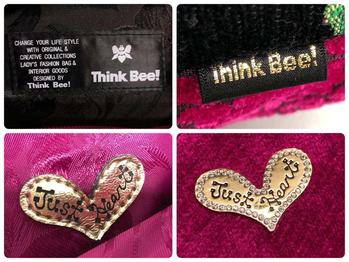 H■③ Think Bee! シンクビー Just Heart ジャストハート ハンドバッグ ピンク×ブラック 花柄 ベロア 肩掛け バッグ 鞄 レディース の画像9