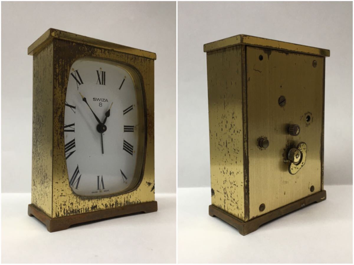 SU■ジャンク■ SWIZA 8 スウィザ 置き時計 ゴールドカラー ゼンマイ式 スイス製 置時計 時計 クォーツ アンティーク コレクションの画像8